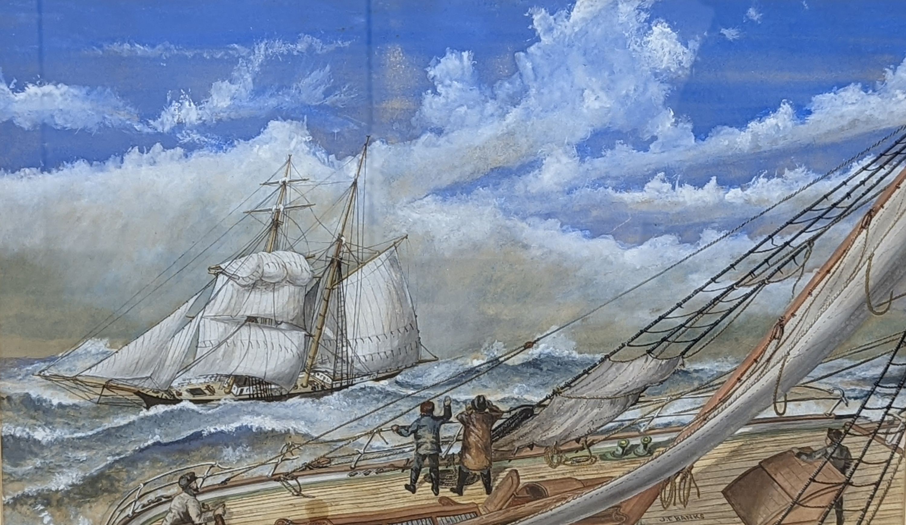 J.T. Banks (19th C.), watercolour and gouache, 'D'Ye Want Any Assistance', Barque Serena under jury rig in the North Pacific, Brigantine bearing down to offer help, May 1878', signed, 30 x 50cm